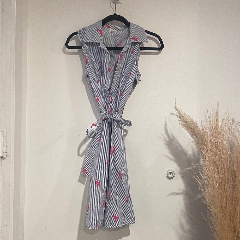 Chloe+Rene Striped Mini Dress with Flamingo Print Sz S B123
